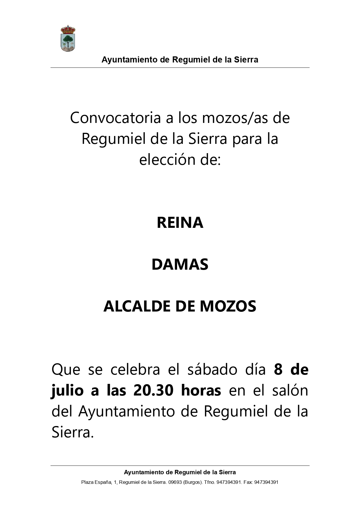 Convocatoria elección Reina/Damas/Alcalde mozos