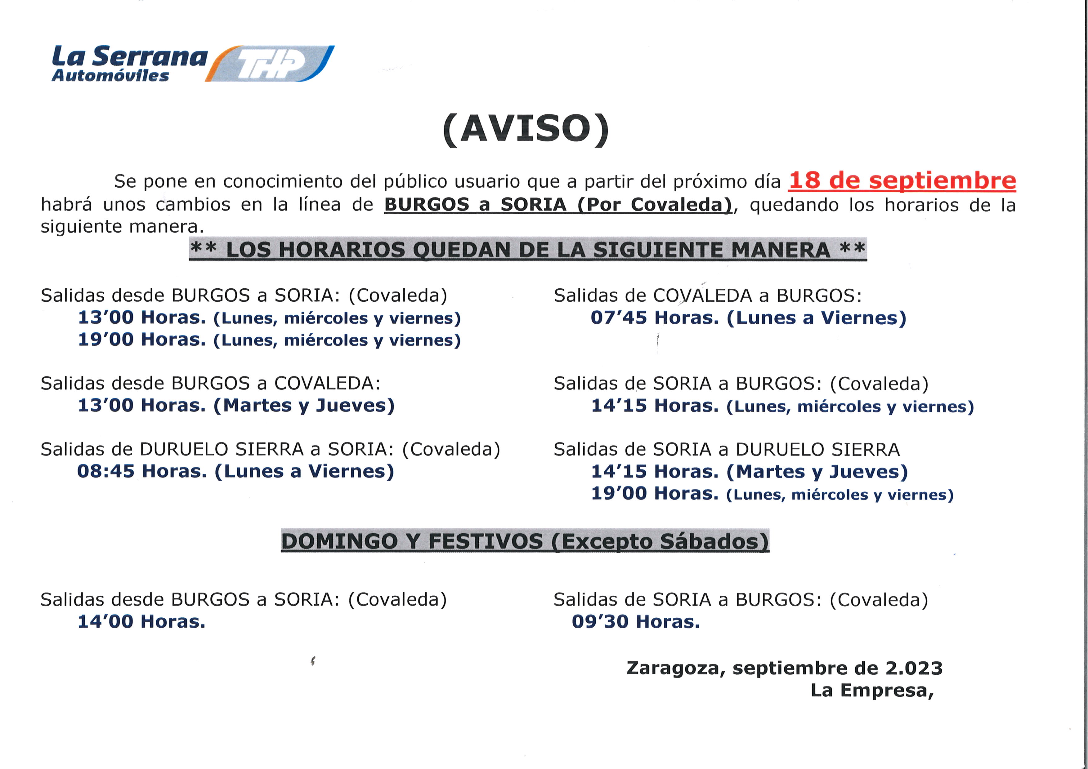 horario BUS BURGOS SORIA POR COVALEDA