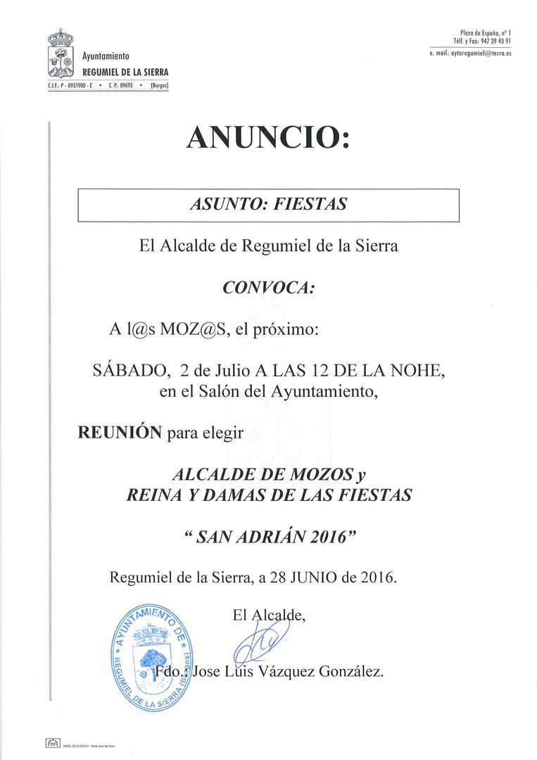 Convocatoria elección Reina y Damas y otros San Adrián 2016